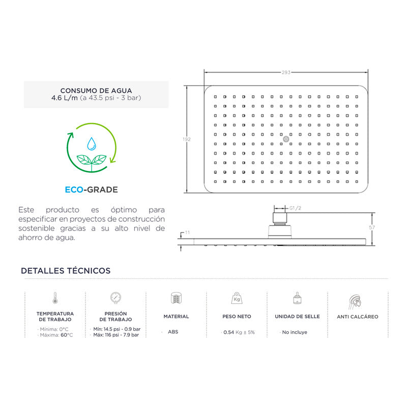Ducha Regadera Rectangular 19*29cm Negro Mate