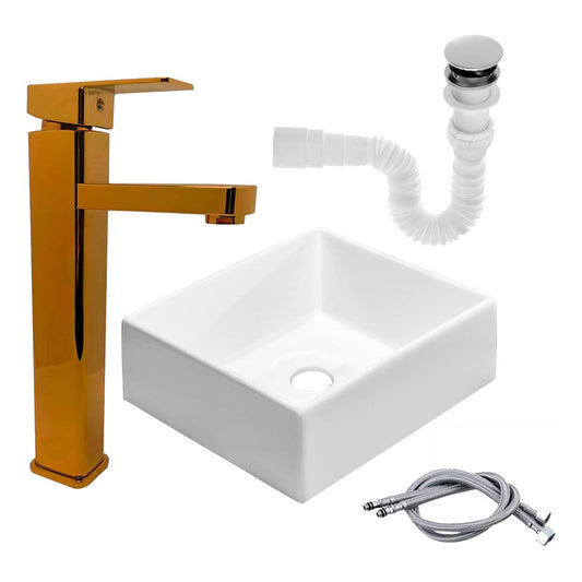 Kit Lavamanos Cuadrado+grifo Monocontrol Cuadrada Oro+push