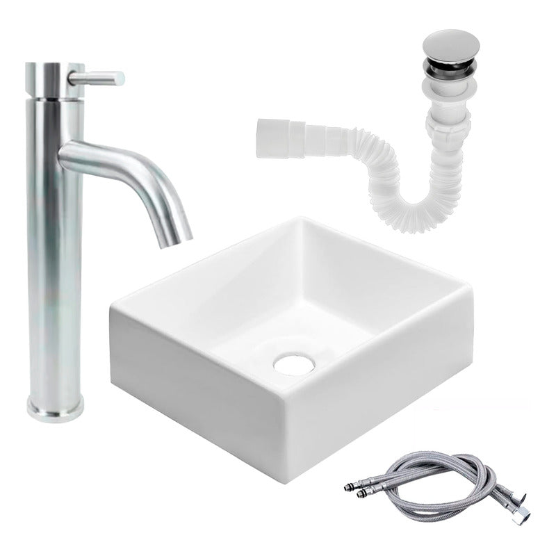 Kit Lavamanos Cuadrado+grifo Monocontrol Satinada Curva+push