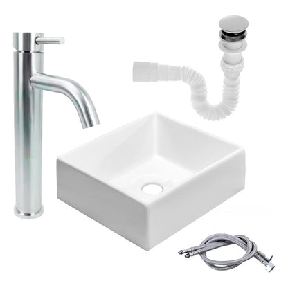 Kit Lavamanos Cuadrado+grifo Monocontrol Satinada Curva+push