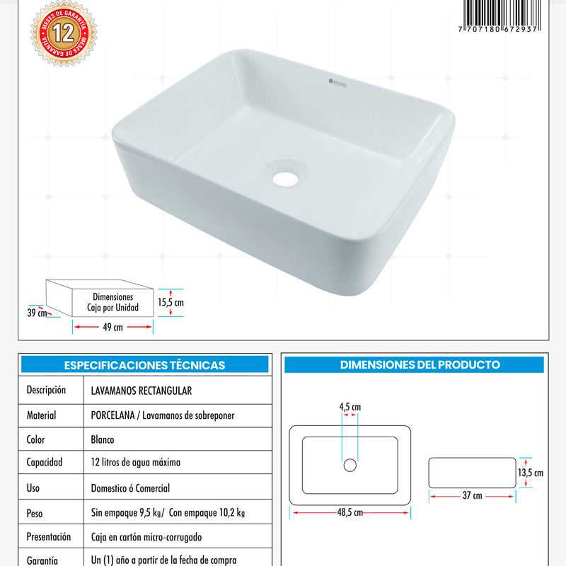Combo Lavamanos Rectang.+griferia Monocontrol+push+sifon Gf2