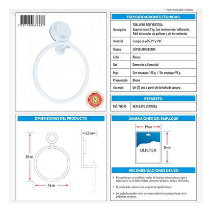 Toallero Para Baño En Aro Con Ventosa Blanco