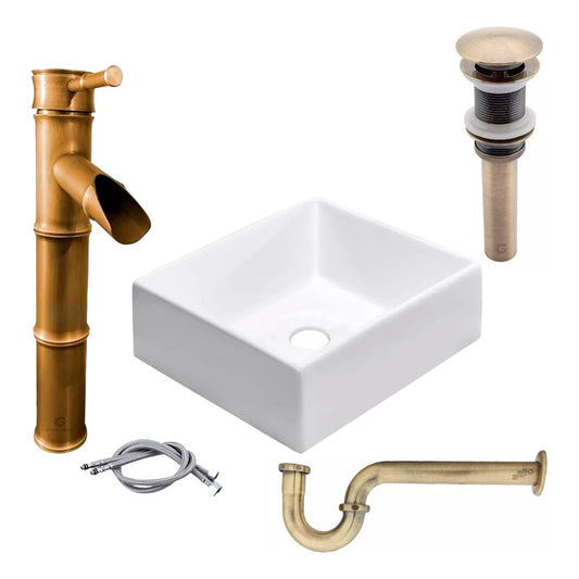 Kit Lavamanos Cuadrado+griferia Monoc+push+sifon Bronce Ant.