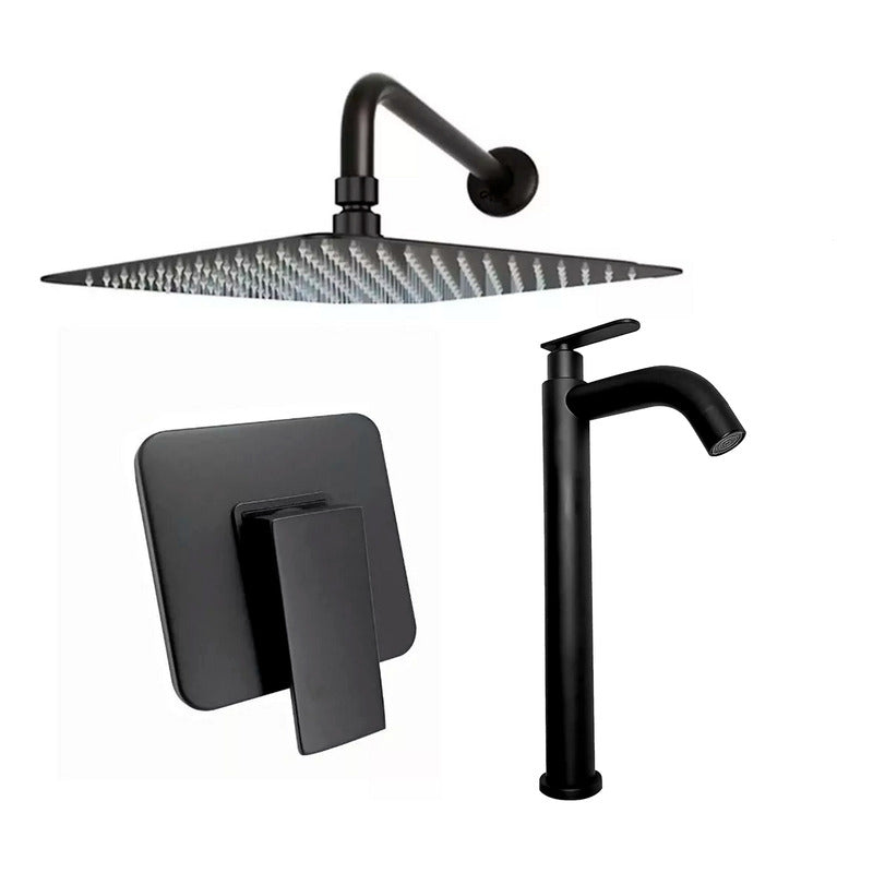 Kit Ducha 15cm+grifería Agua Fria+monocontrol Cuadrado Negro