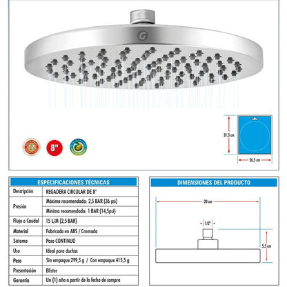 Regadera En Abs Redonda De 8 Pulgadas Cromada