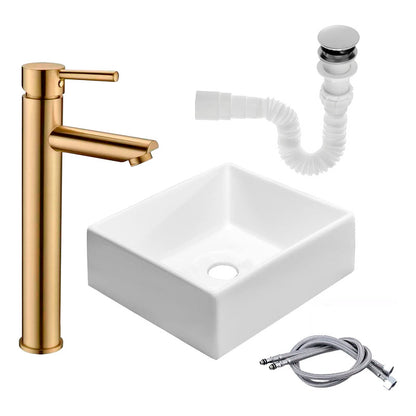 Kit Lavamanos Cuadrado+grifo Monocontrol Oro Cepillado+push