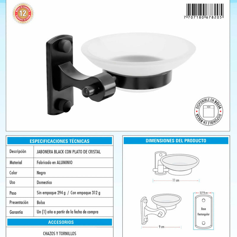 Jabonera Rectangular En Aluminio Con Plato En Cristal