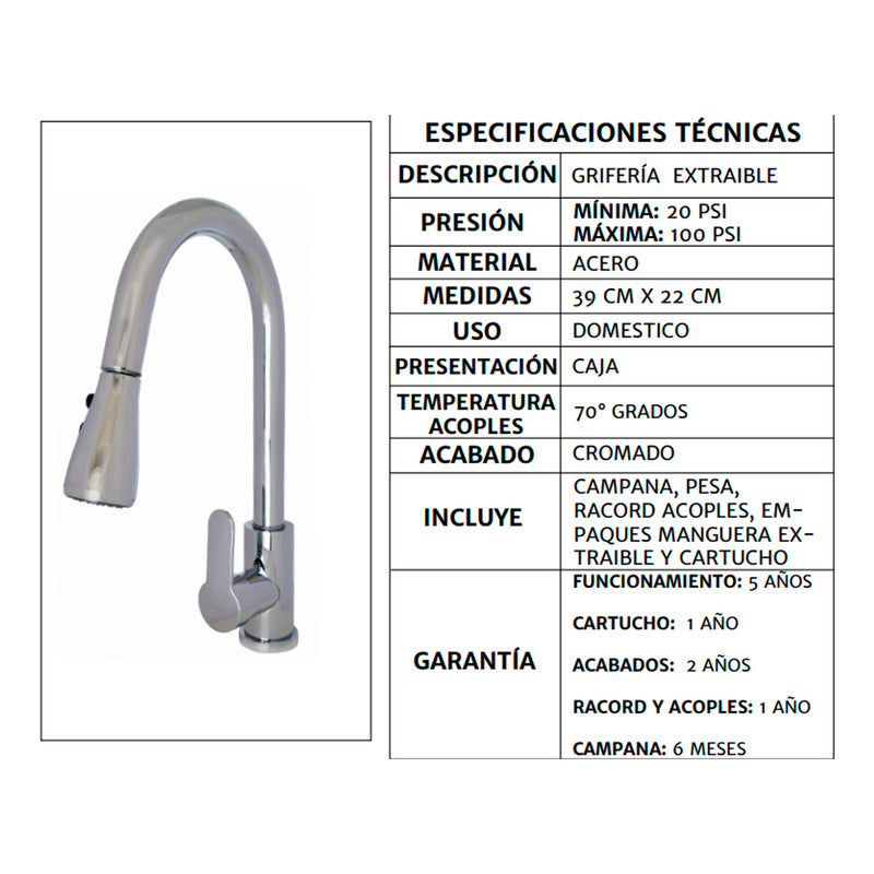 Griferia Para Lavaplatos Monocontrol Extraíble Cromada