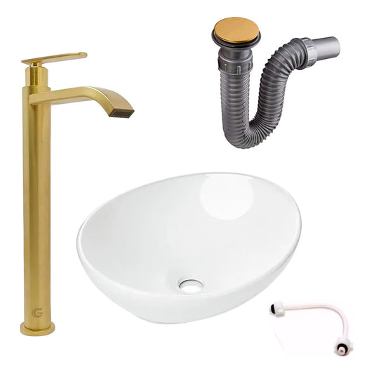 Kit Lavamanos Canoa+griferia Agua Fria Oro Cepillada+push