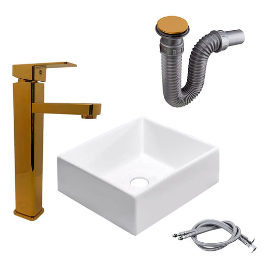 Kit Lavamanos Cuadrado+griferia Monocontrol Cuadra+push Oro