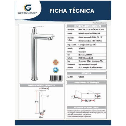 Llave Lavamanos Alta Acero Inoxidable Agua Fria