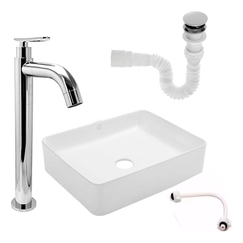 Kit Lavamanos Rectangular+grifo Agua Fria Plat.brillo+push