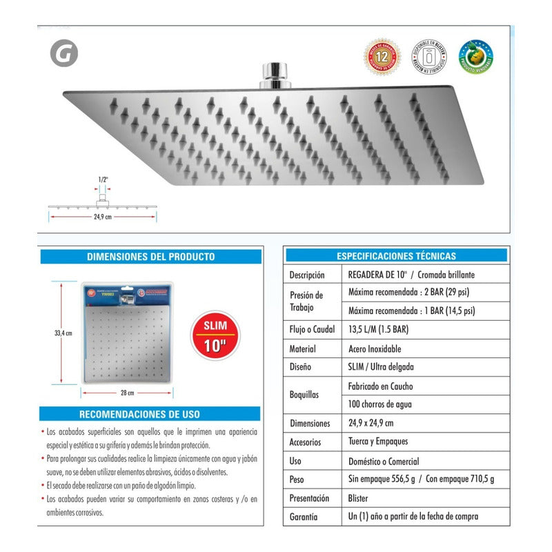 Regadera Cuadrada En Acero Inoxidable De 10 Pulgadas