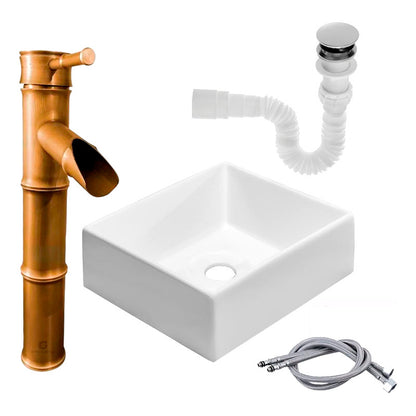 Kit Lavamanos Cuadrado+grifo Monocontrol Bambú Bronce Antigu