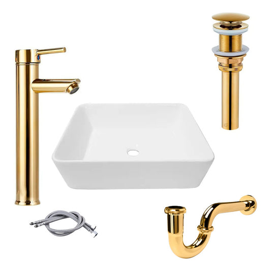 Combo Lavamanos Rectang.+griferia Monoc +push+sifon Oro Gf4