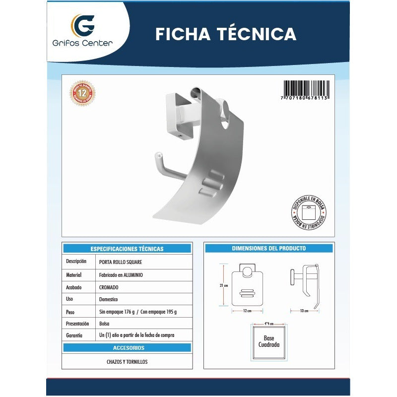 Portarollo Baño Base Cuadrada En Aluminio