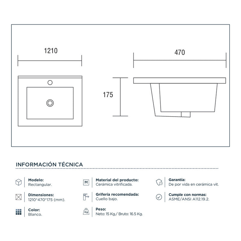 Lavamanos Rectangular Integrado Porcelana Blanco 1210*47cm