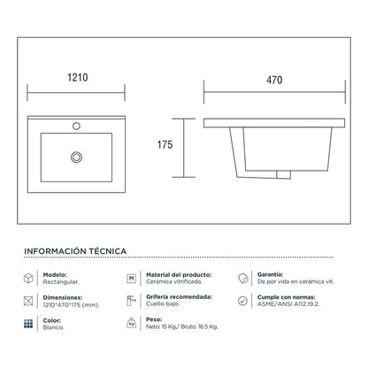 Lavamanos Rectangular Integrado Porcelana Blanco 1210*47cm