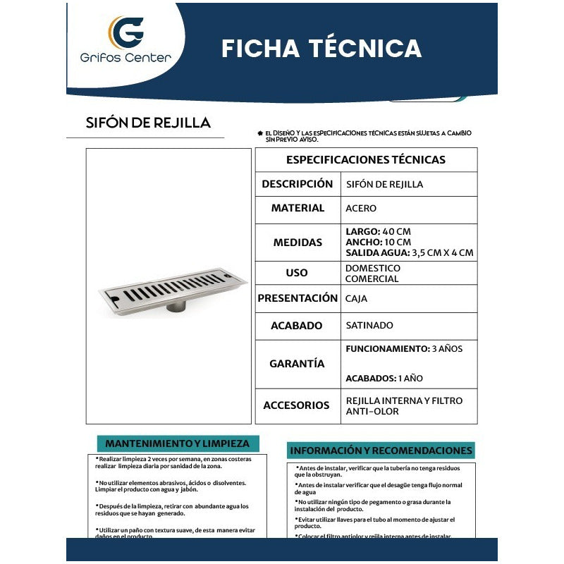 Rejilla Sifón Piso 40cm X 10cm Ranurada Acero 304
