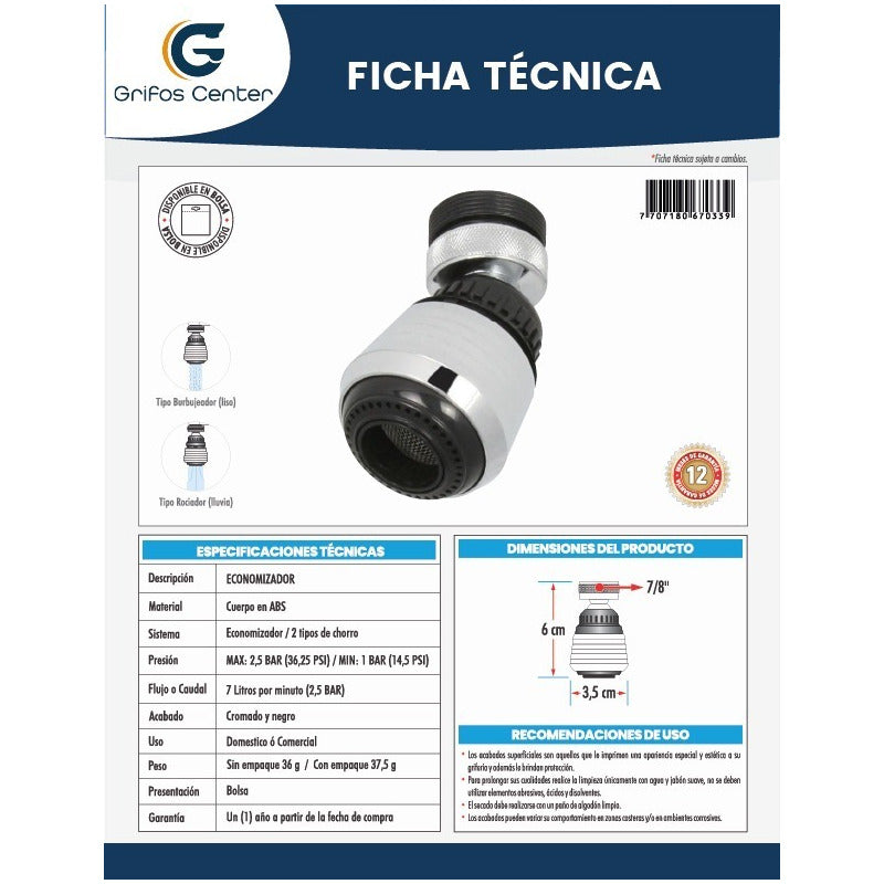 Economizador De Agua, Orientable Y Cambio De Chorros.