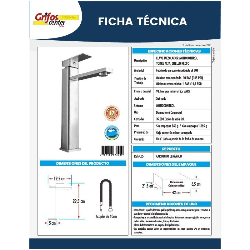 Griferia Monocontrol Cuadrado Poste Alto Cuello Largo