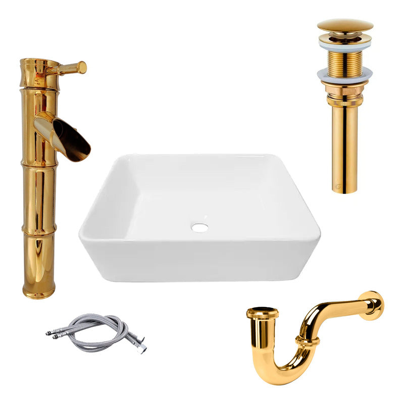 Combo Lavamanos Rectang.+griferia Monoc +push+sifon Oro Gf1