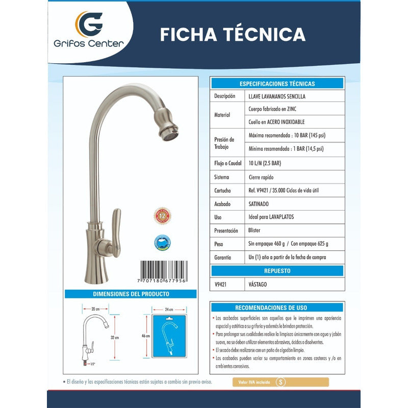 Griferia Agua Fria Cuerpo Zinc Cuello En Acero Inoxidable