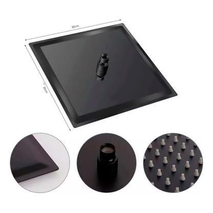Ducha Regadera Acero Inox. Cuadrada 30cm Negro Mate + Tubo