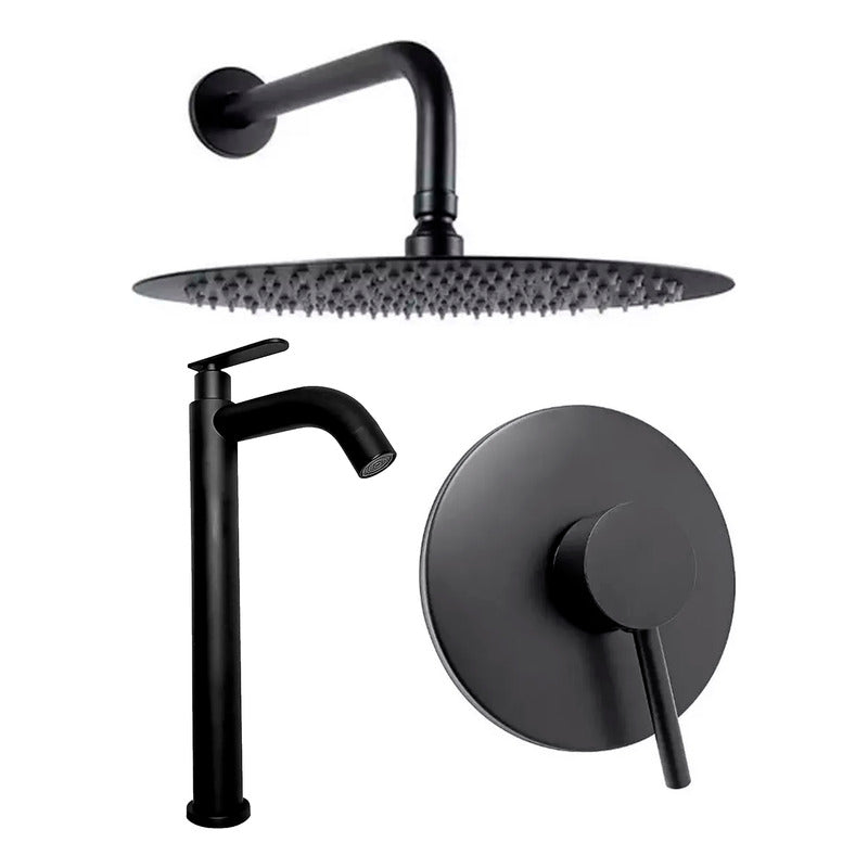 Kit Ducha 15cm +grifería Agua Fría+monocontrol Redondo Negro
