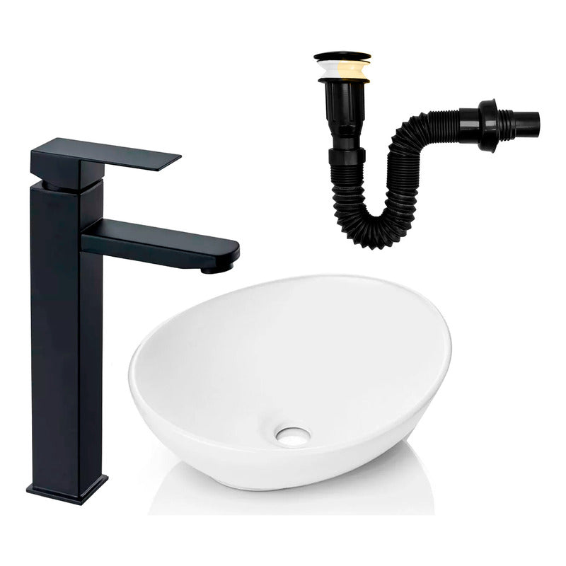 Kit Lavamanos Canoa+griferia Monocontrol Cuadrada+push Negro