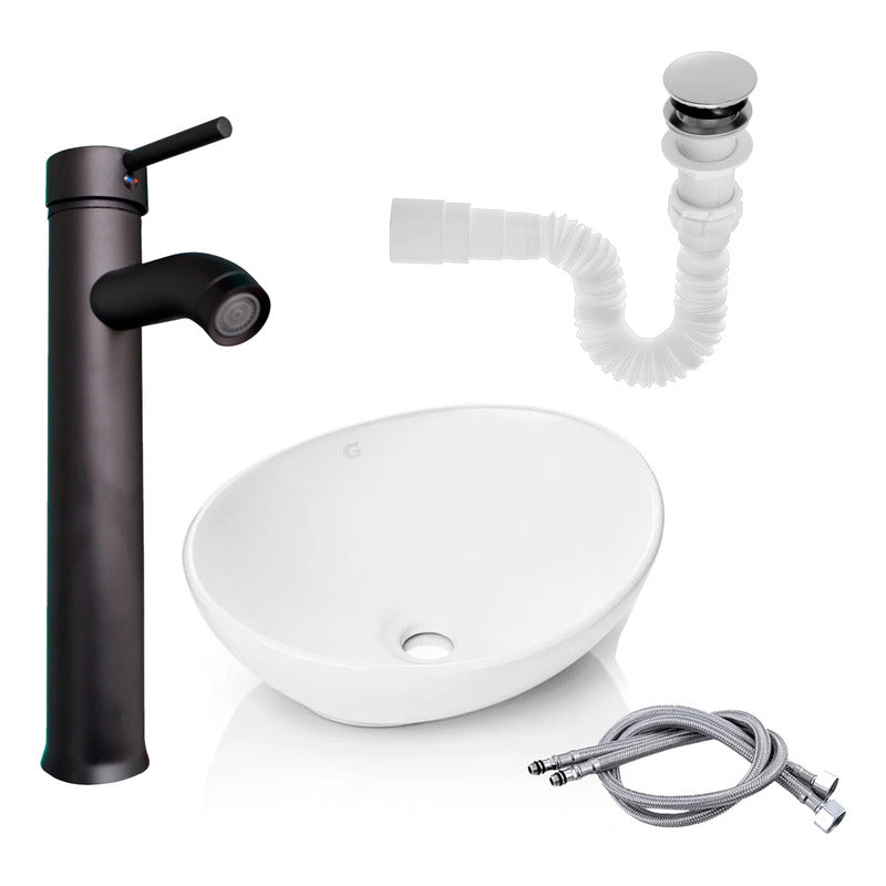 Kit Lavamanos +grifo Monocontrol Negro Curva + Push Y Acople