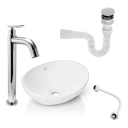 Kit Lavamanos Blanco+griferia Agua Fria Cromo+push Y Acople