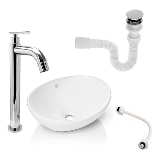 Kit Lavamanos Blanco+griferia Agua Fria Cromo+push Y Acople