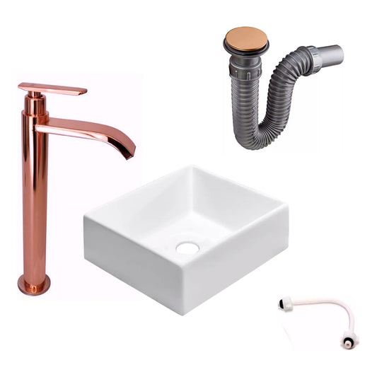 Kit Lavamanos Cuadrado+griferia Agua Fria Brillant+push Rosa