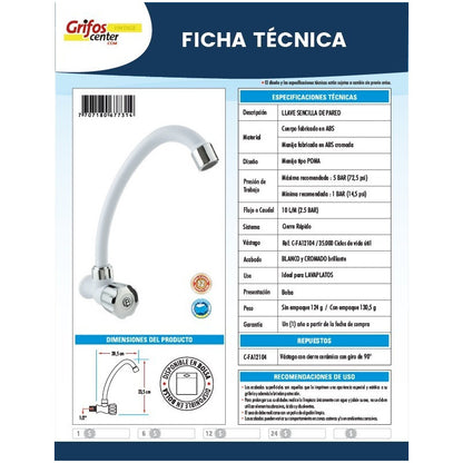 Llave Lavaplatos Sencilla Blanca Tipo Registro