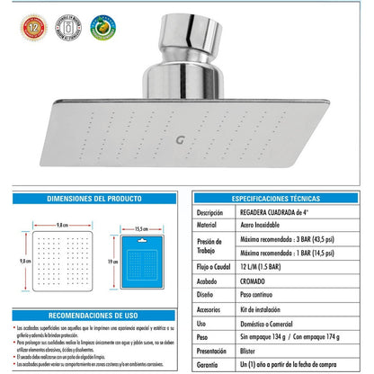 Regadera Cromada Cuadrada En Acero Inoxidable De 4 Pulgadas