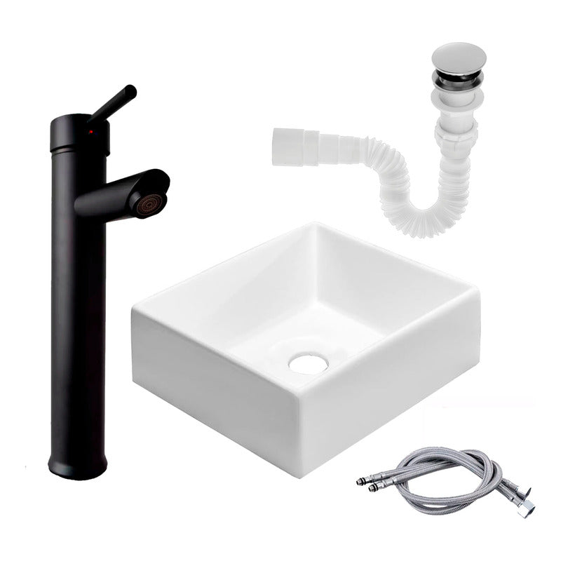 Kit Lavamanos Cuadrado+grifo Monocontrol Negro Plana+ Push