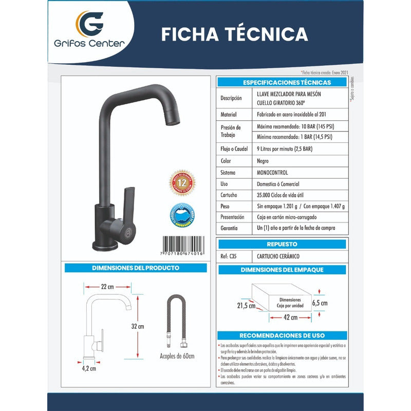 Griferia Mezclador Acero Inoxidable #201 Color Negro