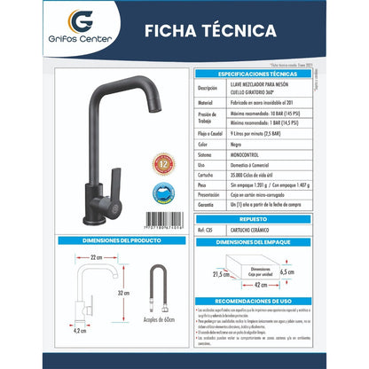 Griferia Mezclador Acero Inoxidable #201 Color Negro