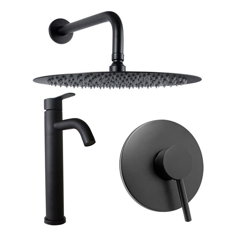 Kit Ducha 25cm +grifería Agua Fría+monocontrol Redondo Negro