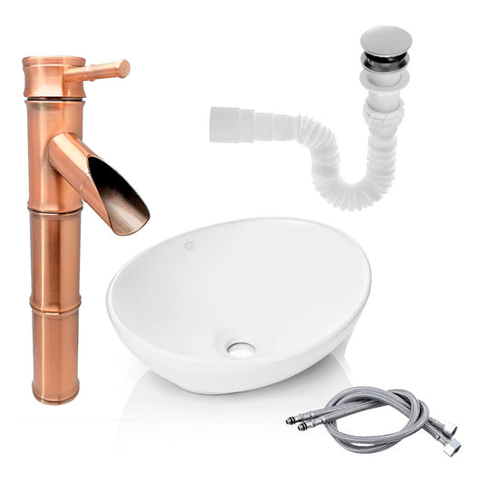 Kit Lavamanos+ Grifo Monocontrol Bambu Cobre Antiguo+push