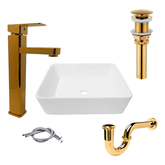 Combo Lavamanos Rectang.+griferia Monoc +push+sifon Oro Gf5