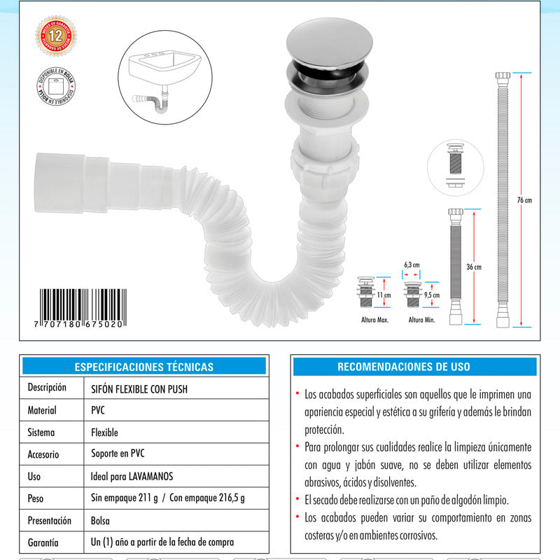 Kit Lavamanos+grifo Monocontrol Cromada Curva+push Y Acople