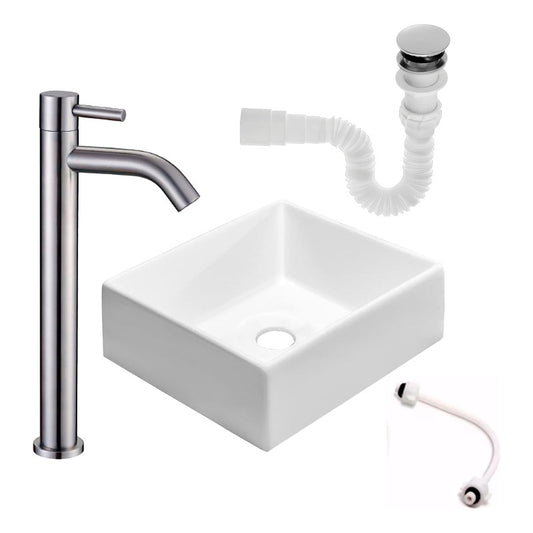 Kit Lavamanos Cuadrado+griferia Agua Fria Brillante+push