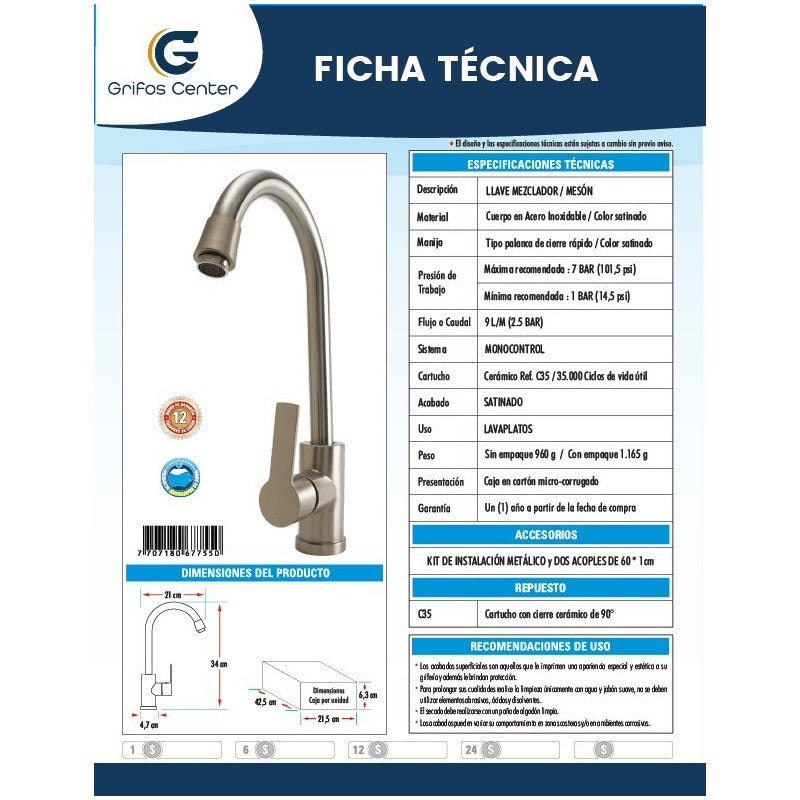 Grifería Monocontrol Satinada Manija Tipo Palanca