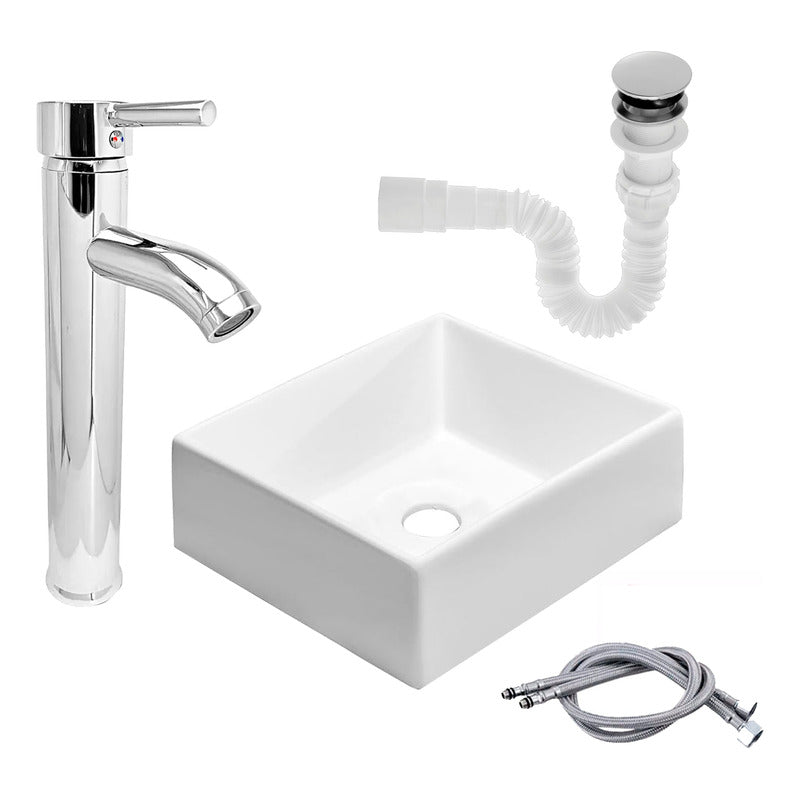 Kit Lavamanos Cuadrado+grifo Monocontrol Cromada Curva+push