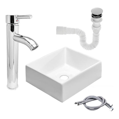 Kit Lavamanos Cuadrado+grifo Monocontrol Cromada Curva+push