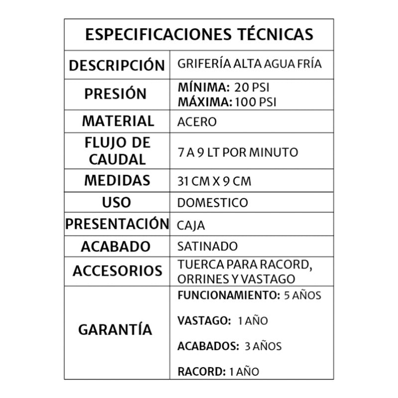 Griferia Lavamanos Agua Fría Alta Acero Tipo Vessel