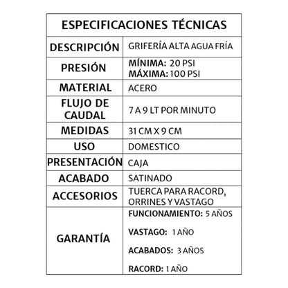 Griferia Lavamanos Agua Fría Alta Acero Tipo Vessel
