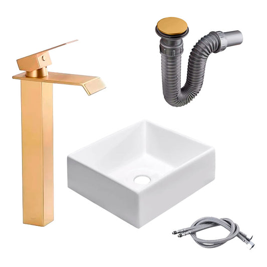 Kit Lavamanos Cuadrado+griferia Mono.cascada Cepill+push Oro